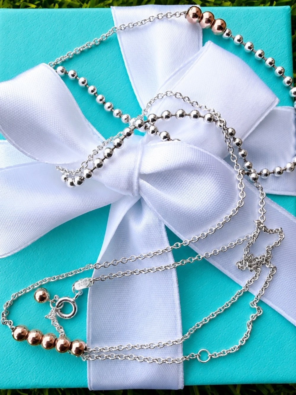 Tiffany & Co. Two Tone Mixed Bead Chain Silver Rose Gold 28-30”